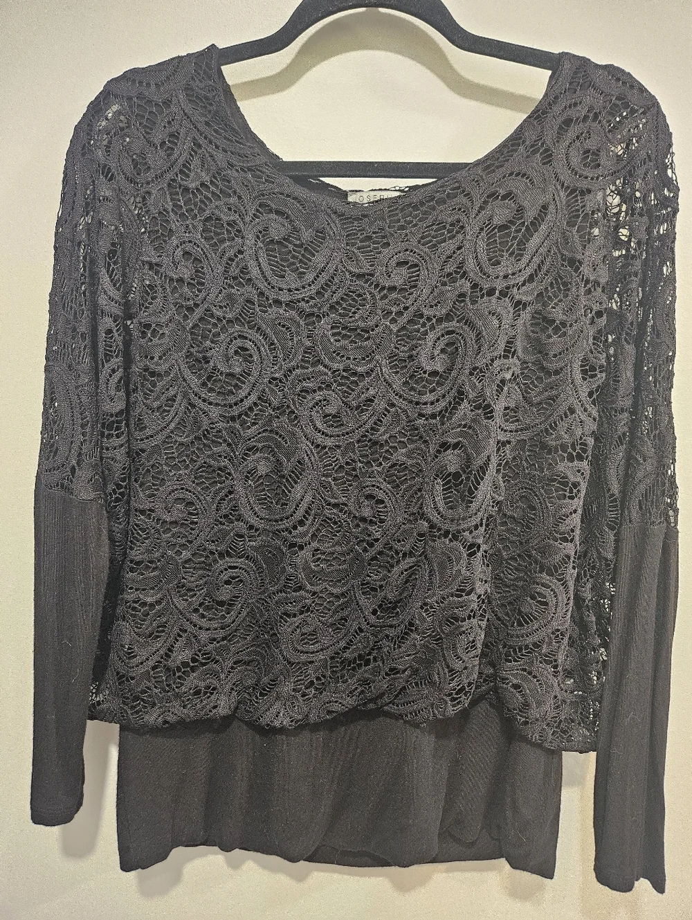Joseph A Black Lace Blouse Size L Sheer Sleeve Dressy Top Elegant - Picture 1 of 3
